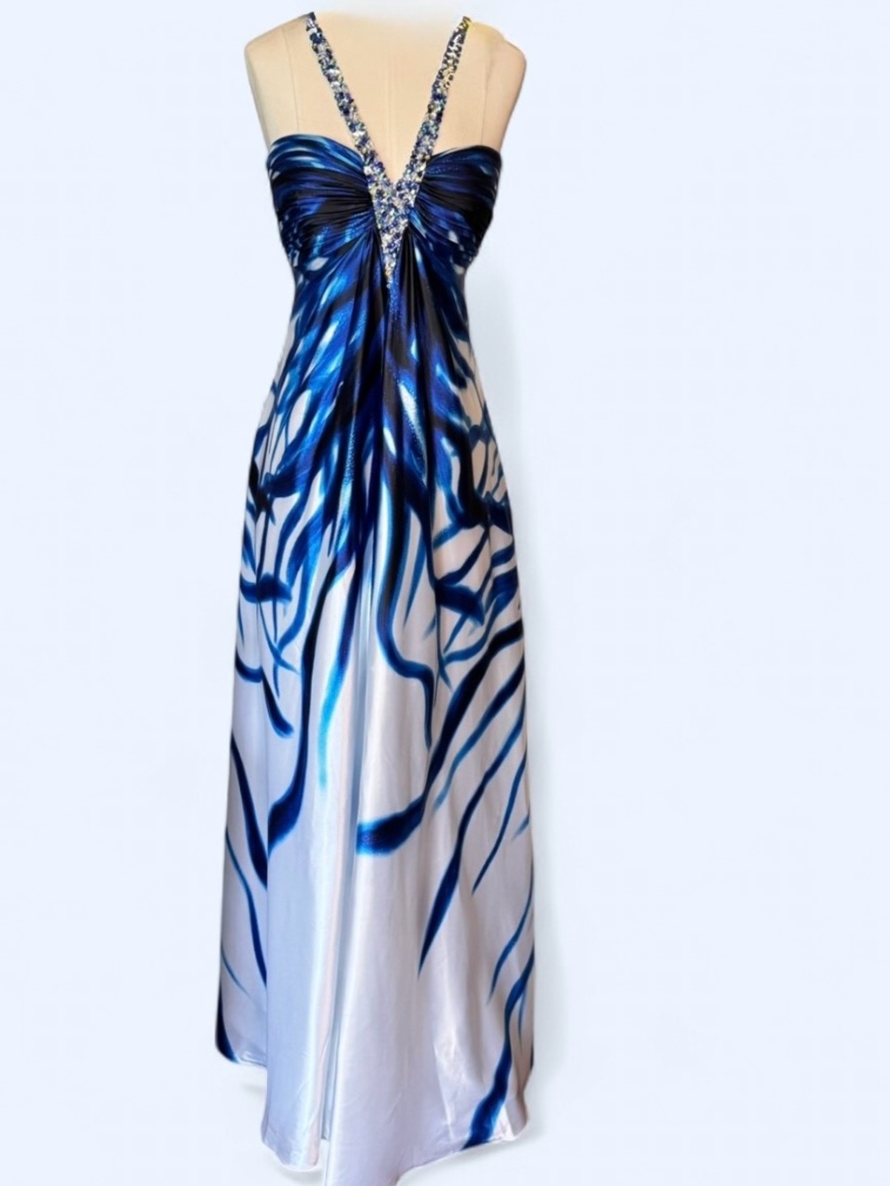 Cache Blue and White Beaded-Strap Maxi Dress lined with a slit at the bottom